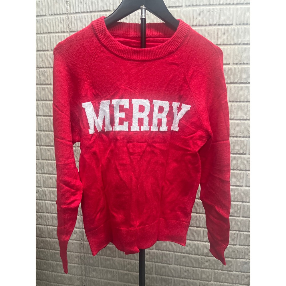 Red Merry Christmas Graphic Knit Sweater Small Festive Holiday Pullover Crewneck